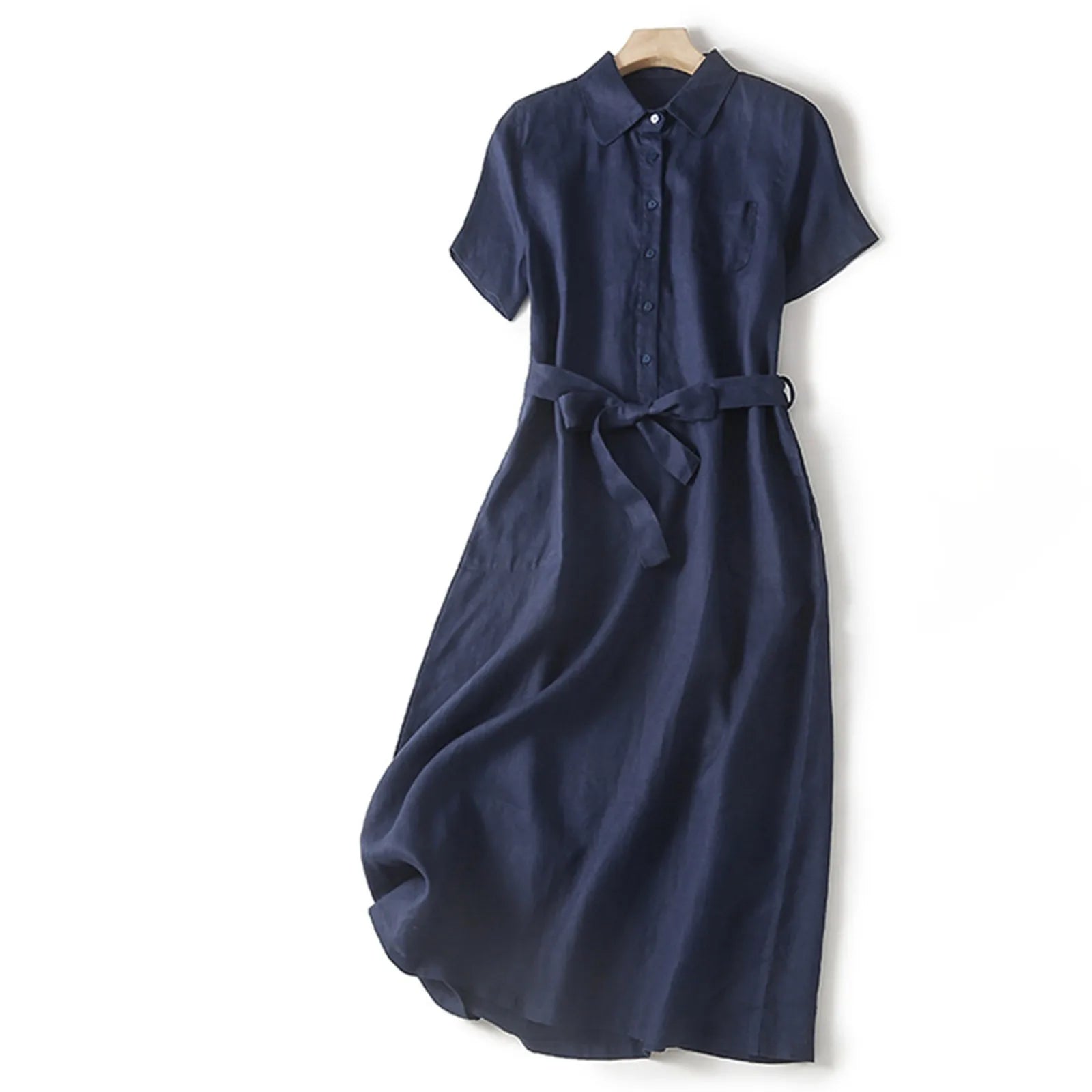 Women's Collared Button-Front Midi Dress with Tie Waist
