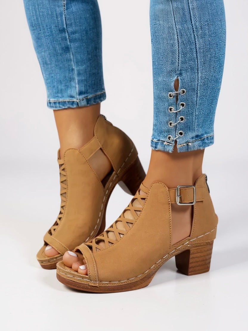 Women's Crisscross Lace-Up Cutout Block Heel Booties