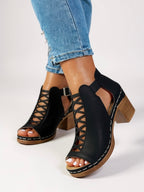 Women's Crisscross Lace-Up Cutout Block Heel Booties