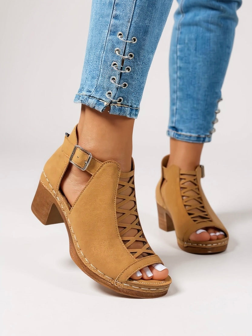 Women's Crisscross Lace-Up Cutout Block Heel Booties