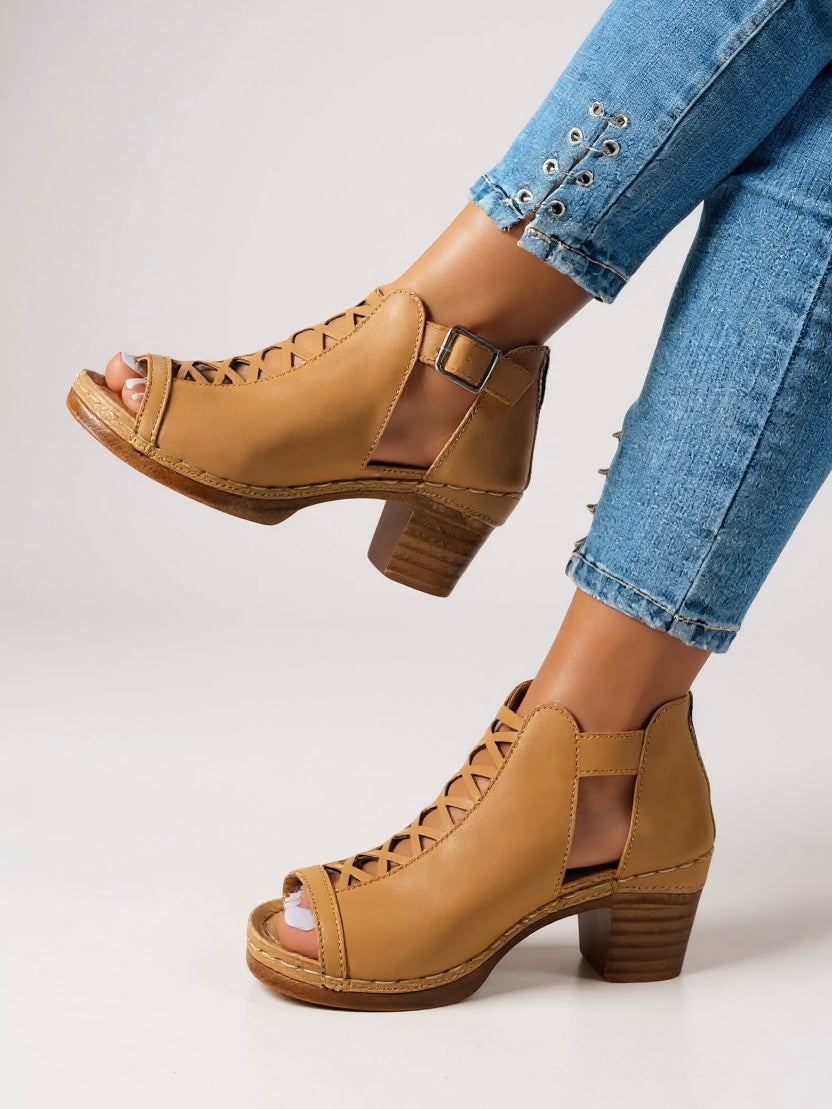 Women's Crisscross Lace-Up Cutout Block Heel Booties