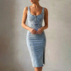 Women's Denim Bodycon Pencil Midi Dress