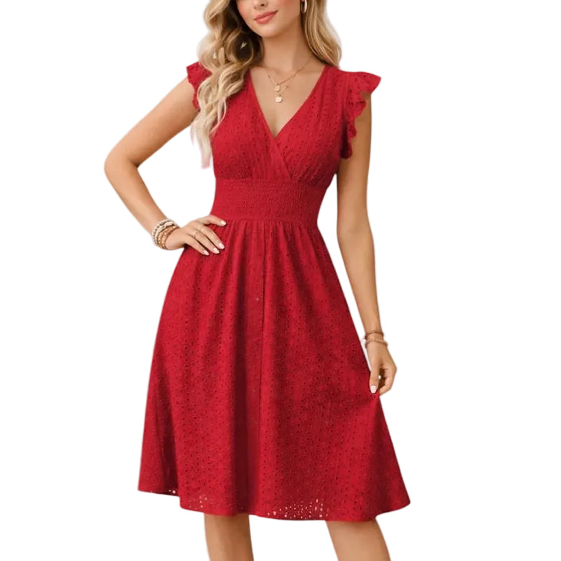 Women's Eyelet Flutter Sleeve A-Line Midi Dress