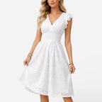 Women's Eyelet Flutter Sleeve A-Line Midi Dress