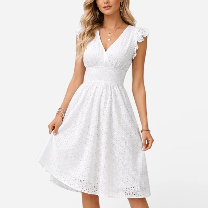 Women's Eyelet Flutter Sleeve A-Line Midi Dress