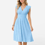 Women's Eyelet Flutter Sleeve A-Line Midi Dress