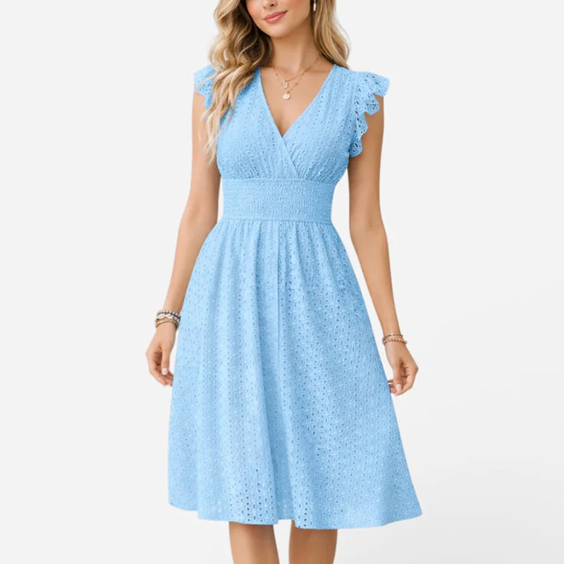 Women's Eyelet Flutter Sleeve A-Line Midi Dress
