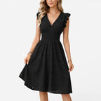 Women's Eyelet Flutter Sleeve A-Line Midi Dress