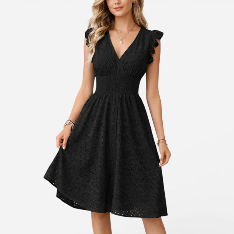 Women's Eyelet Flutter Sleeve A-Line Midi Dress