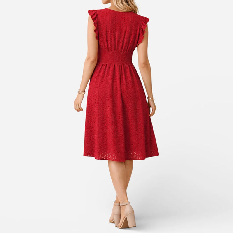 Women's Eyelet Flutter Sleeve A-Line Midi Dress