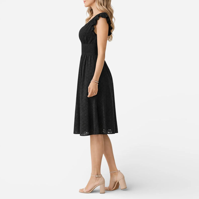 Women's Eyelet Flutter Sleeve A-Line Midi Dress