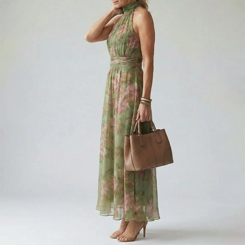 Women's Floral Mock-Neck Halter Midi Dress