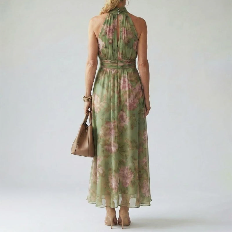 Women's Floral Mock-Neck Halter Midi Dress