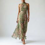 Women's Floral Mock-Neck Halter Midi Dress