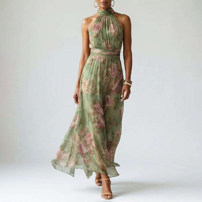 Women's Floral Mock-Neck Halter Midi Dress