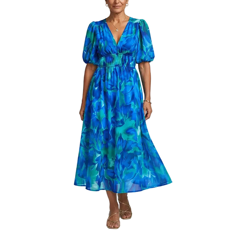 Women's Floral Puff Sleeve Wrap Midi Dress