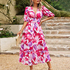 Women's Floral Puff Sleeve Wrap Midi Dress