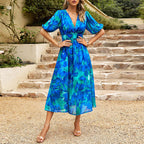 Women's Floral Puff Sleeve Wrap Midi Dress