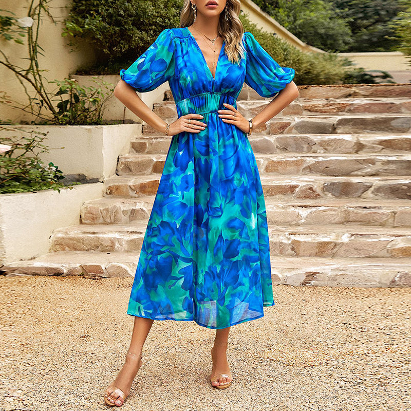 Women's Floral Puff Sleeve Wrap Midi Dress