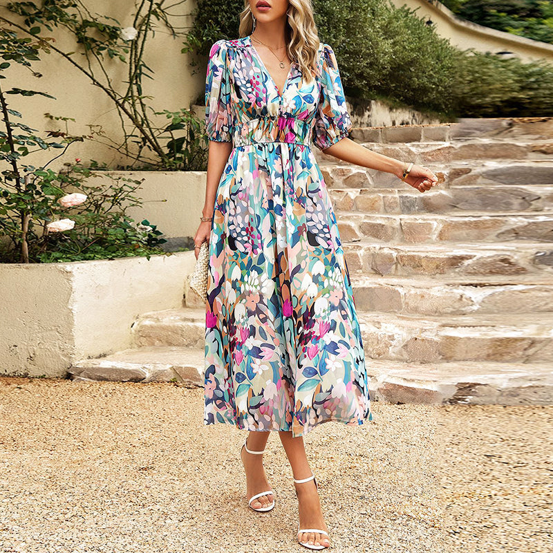Women's Floral Puff Sleeve Wrap Midi Dress