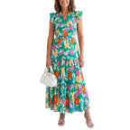 Women's Floral Tiered Ruffle Cap Sleeve Midi Dress