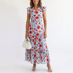 Women's Floral Tiered Ruffle Cap Sleeve Midi Dress