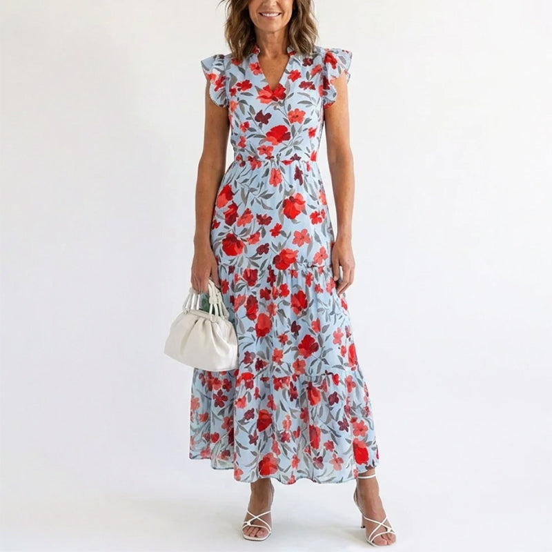 Women's Floral Tiered Ruffle Cap Sleeve Midi Dress