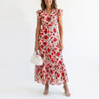 Women's Floral Tiered Ruffle Cap Sleeve Midi Dress