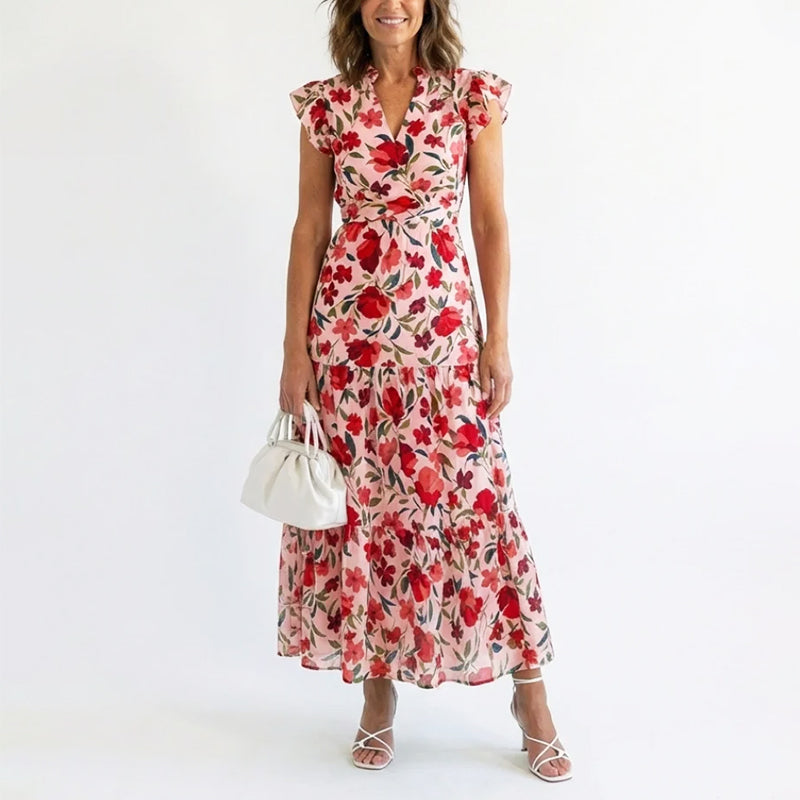 Women's Floral Tiered Ruffle Cap Sleeve Midi Dress