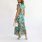 Women's Floral Tiered Ruffle Cap Sleeve Midi Dress