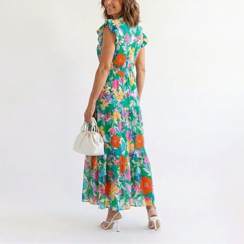 Women's Floral Tiered Ruffle Cap Sleeve Midi Dress