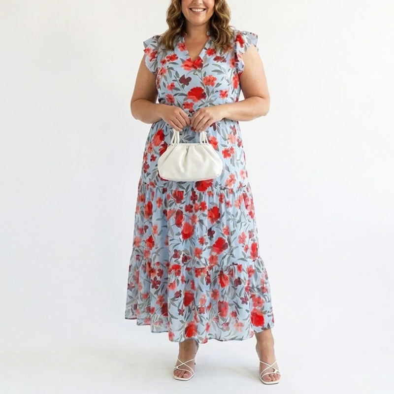 Women's Floral Tiered Ruffle Cap Sleeve Midi Dress