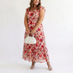 Women's Floral Tiered Ruffle Cap Sleeve Midi Dress