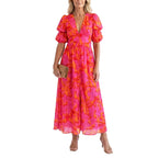 Women's Floral V-Neck Puff Sleeve Midi Dress