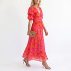 Women's Floral V-Neck Puff Sleeve Midi Dress