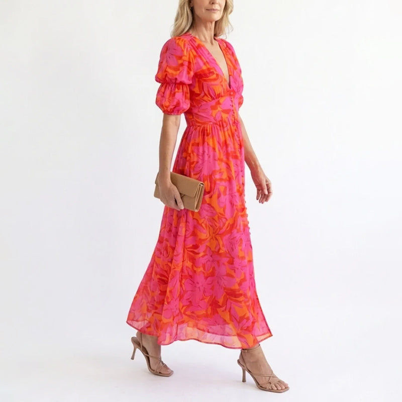 Women's Floral V-Neck Puff Sleeve Midi Dress