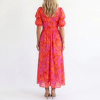 Women's Floral V-Neck Puff Sleeve Midi Dress
