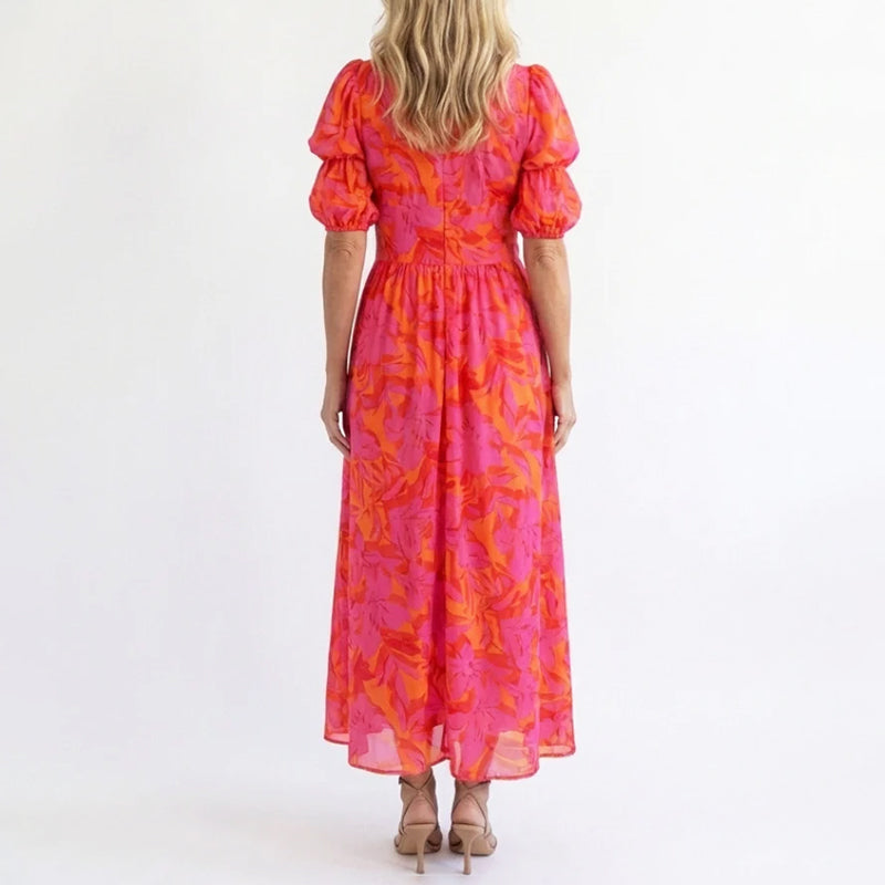 Women's Floral V-Neck Puff Sleeve Midi Dress