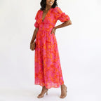 Women's Floral V-Neck Puff Sleeve Midi Dress