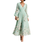 Women's Floral V-Neck Sheer Sleeve Midi Dress