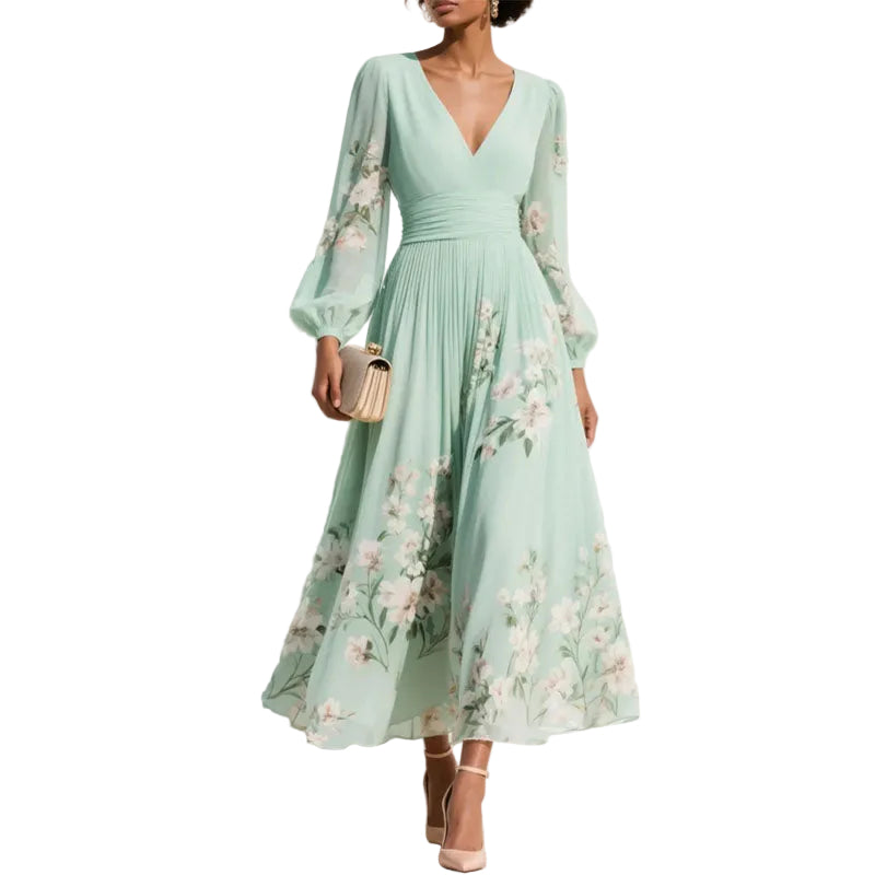 Women's Floral V-Neck Sheer Sleeve Midi Dress