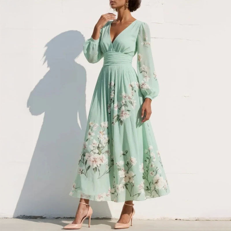 Women's Floral V-Neck Sheer Sleeve Midi Dress