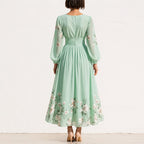 Women's Floral V-Neck Sheer Sleeve Midi Dress