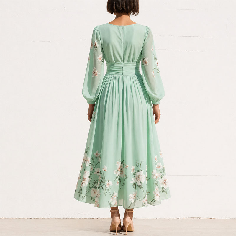 Women's Floral V-Neck Sheer Sleeve Midi Dress