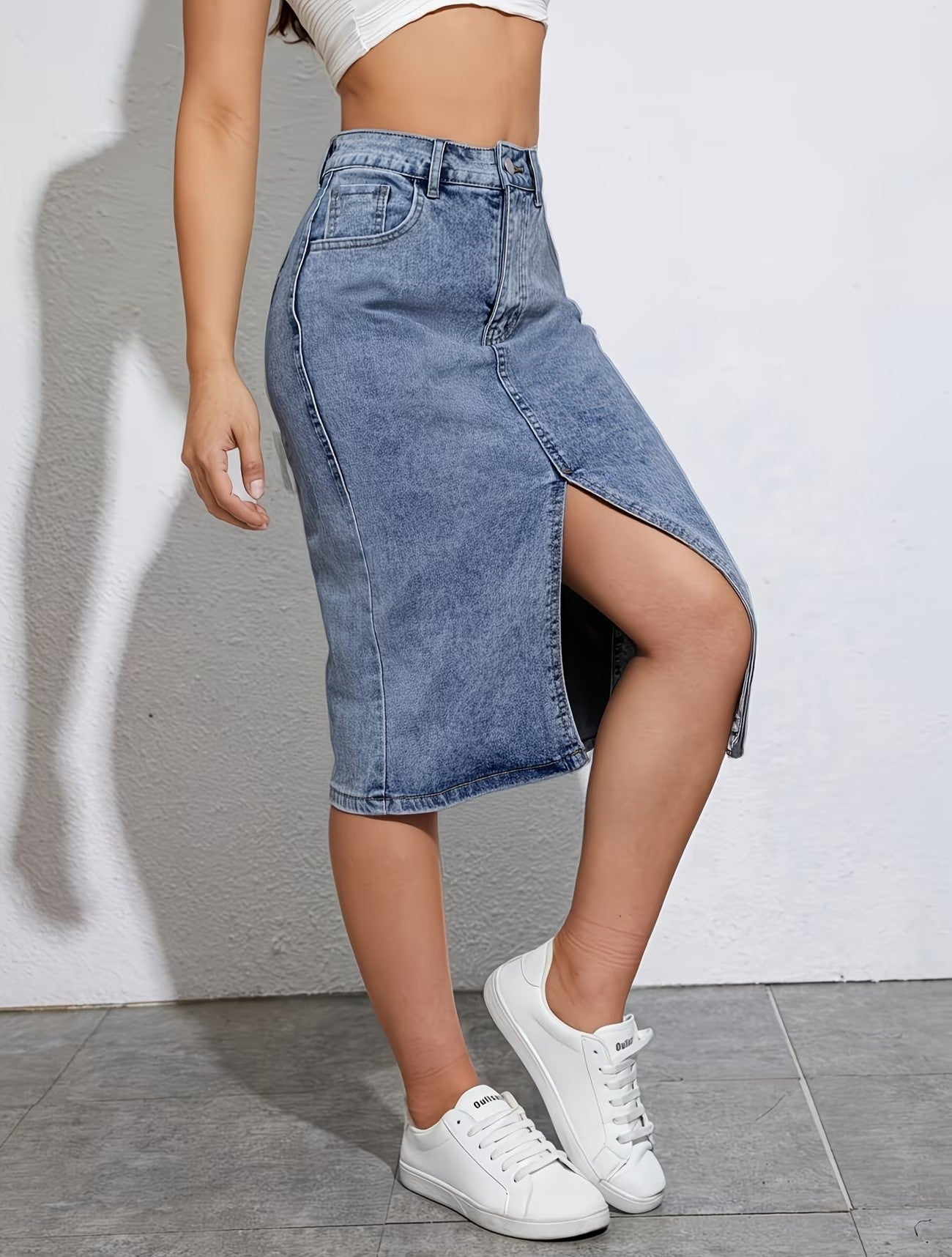 Women's High-Waisted Midi Skirt with Front Slit
