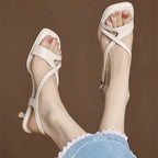 Women's Kitten Heel Cross-Strap Square Toe Sandal