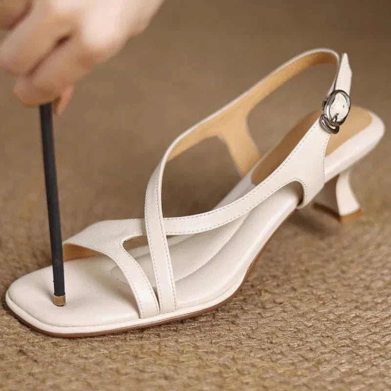 Women's Kitten Heel Cross-Strap Square Toe Sandal