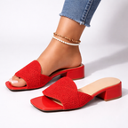 Women's Low Block Heel Embossed Vamp Square Toe Mule
