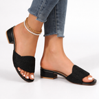 Women's Low Block Heel Embossed Vamp Square Toe Mule