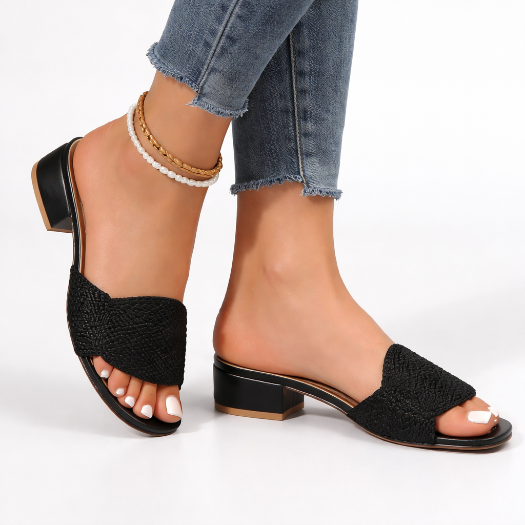 Women's Low Block Heel Embossed Vamp Square Toe Mule